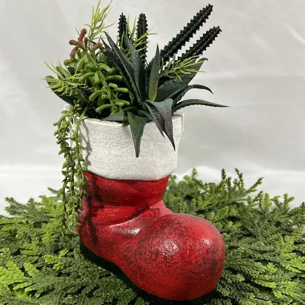Vintage Ceramic Red Santa Boot Planter w/ Faux Plastic Succulents Plants